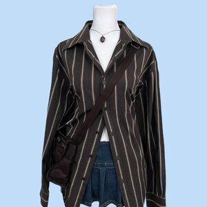 vintage 90s brown pinstripe alt emo grunge button down dress shirt